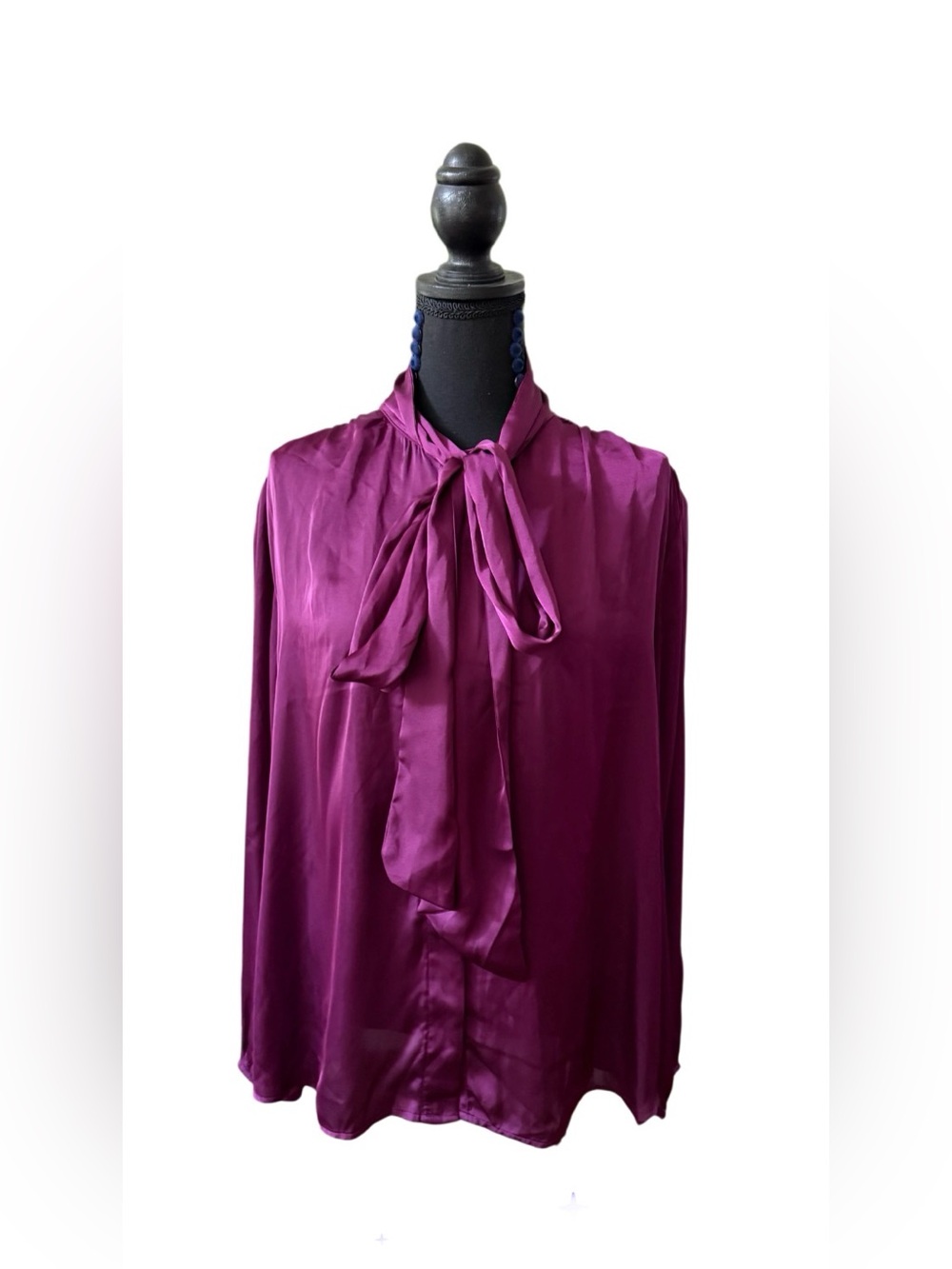 Eva Mendes New York & Company Satin Tie-Neck Blouse in Magenta